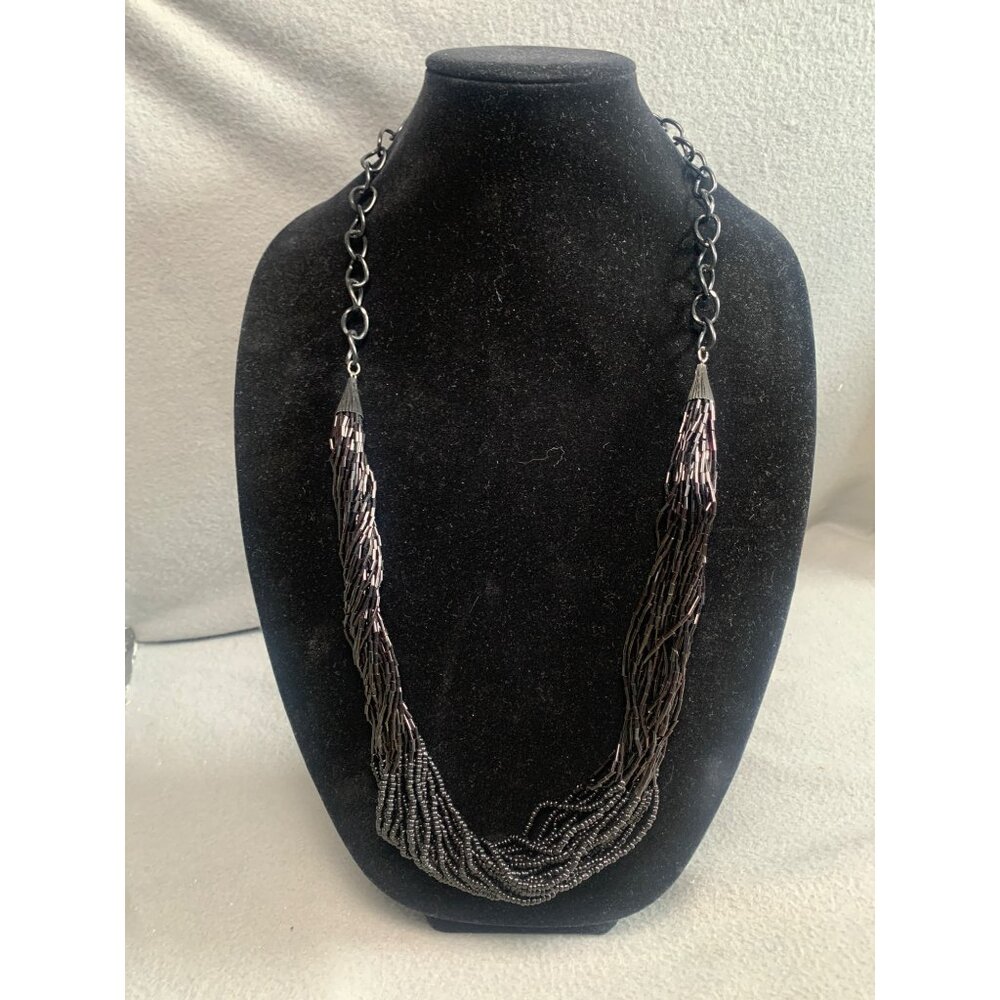 Black Beaded Multi-Strand Necklace with Large Chain Links & Lobster Clasp 34"
